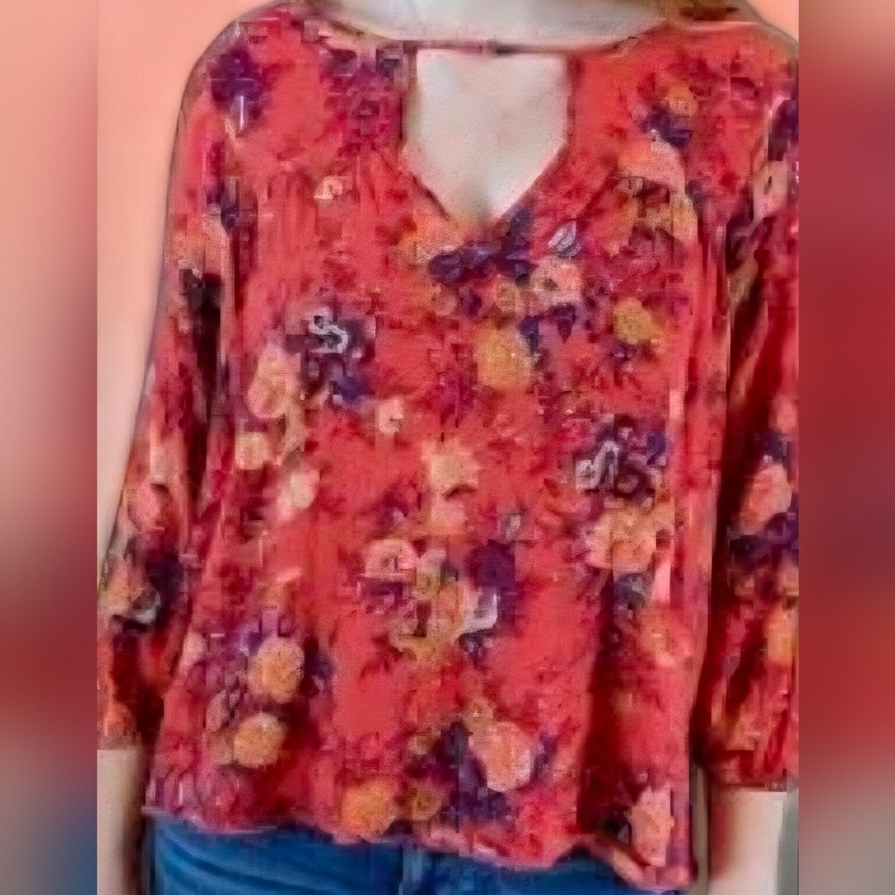 AE Floral 3/4 Sleeve Boho Blouse - Rust & Multicolor - Large - Picture 3 of 13